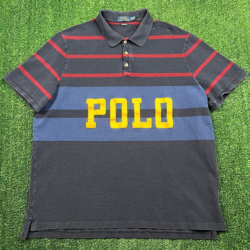 Polo Ralph Lauren Men's Polo Shirt XXL Navy Red Yellow Striped Cotton Spellout